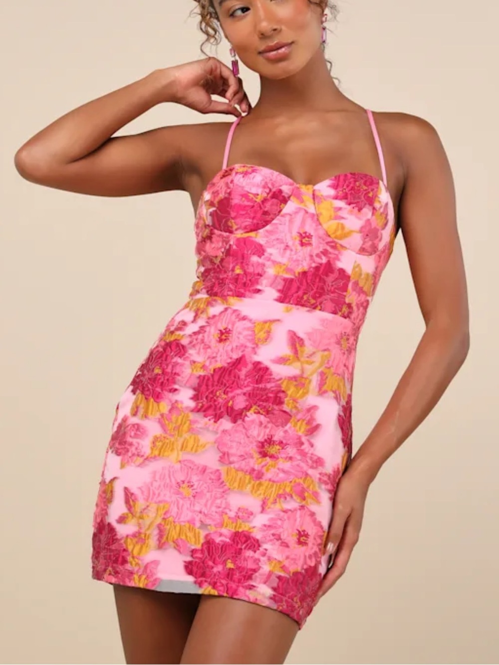 Lulus / B. Right Flirtatious Composure Pink Jacquard Lace-Up Bustier Mini Dress - Picture 1 of 13